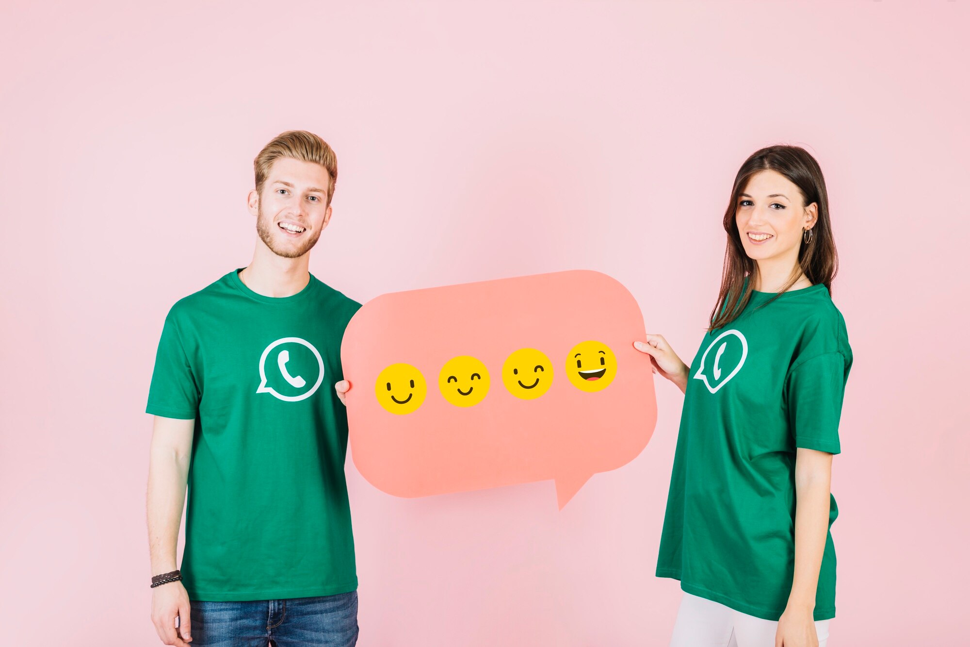 smiling man woman holding speech bubble with various type emoticons_23 2147849477